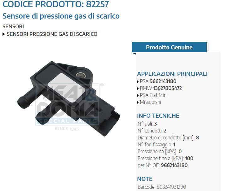 Sensore di pressione gas di scarico PSA,Fiat,Mini,