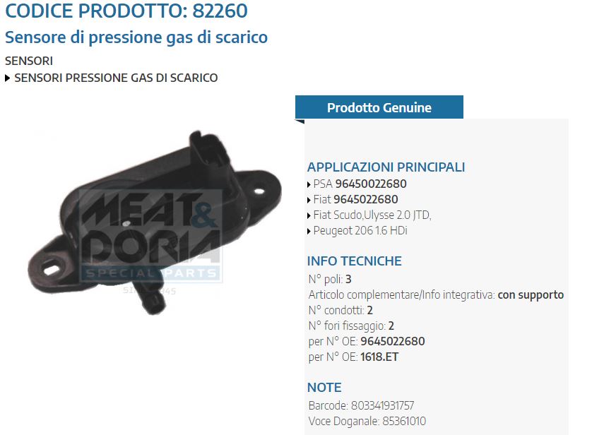 Sensore di pressione gas di scarico Fiat Scudo,Uly