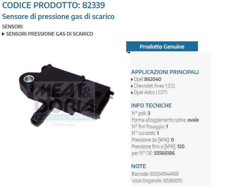 Sensore di pressione gas di scarico Chevrolet Aveo