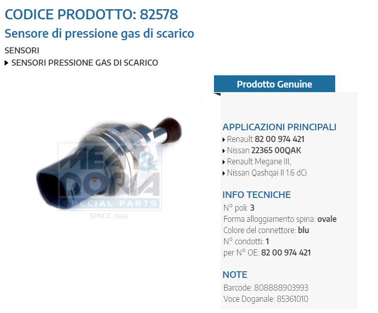 Sensore di pressione gas di scarico Renault Megane