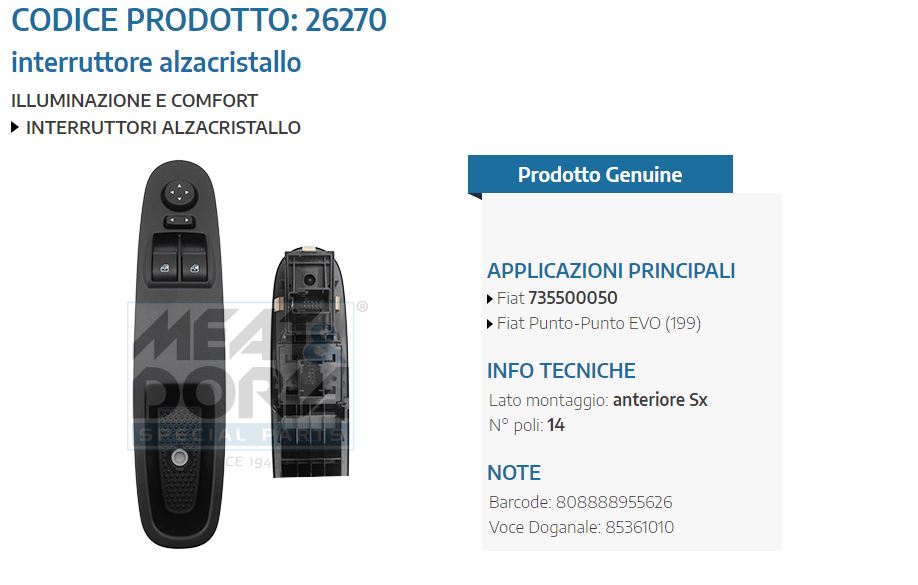 Interruttore alzacristallo Fiat Punto-Punto EVO (1