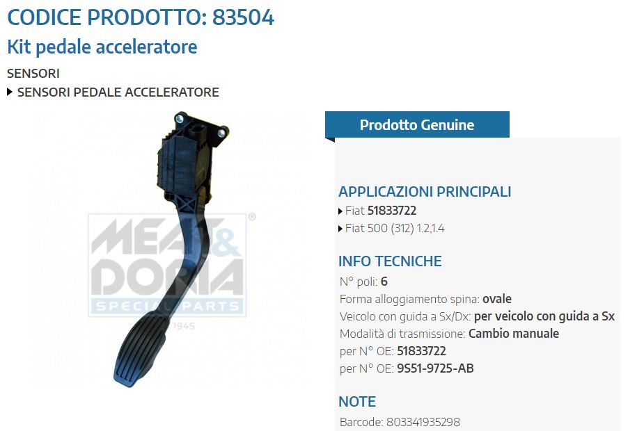 Kit pedale acceleratore Fiat 500 (312) 1.2,1.4